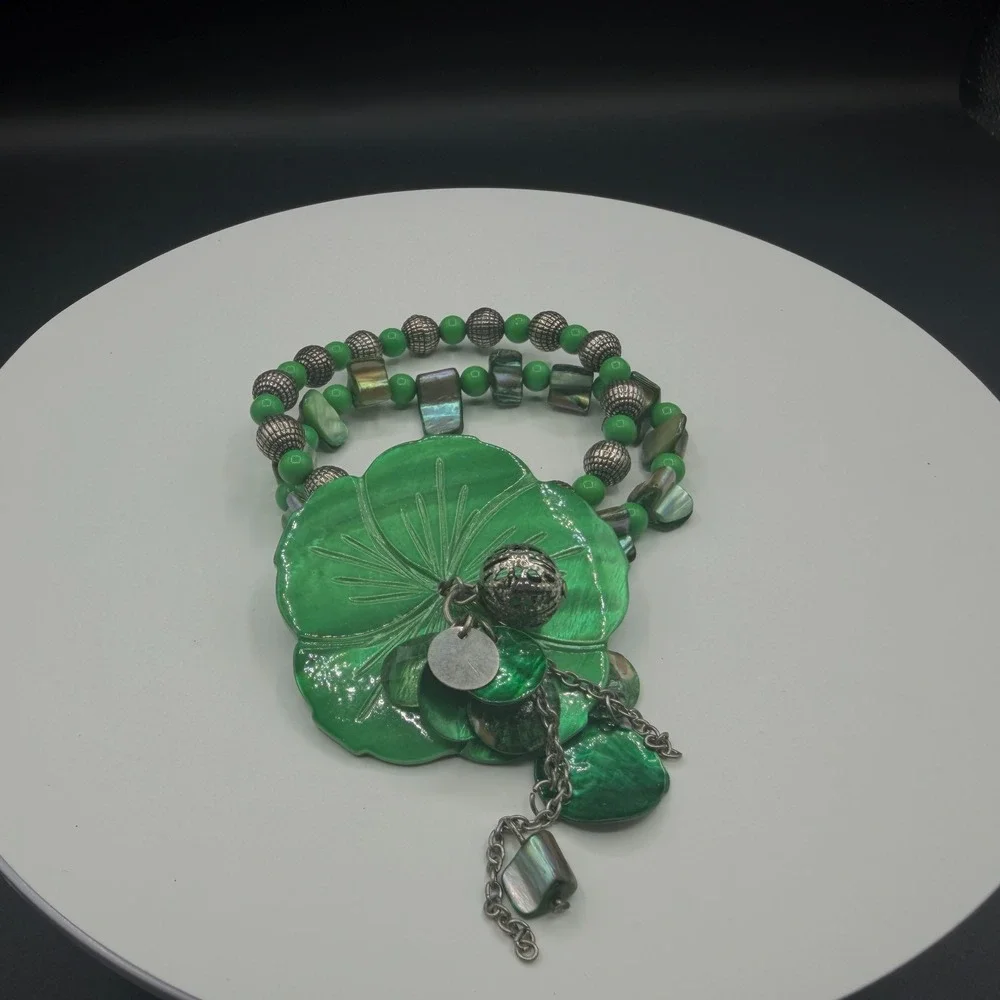 Green Flower Charm Double Strand Beaded Stretch Bracelet Boho Statement Gift
